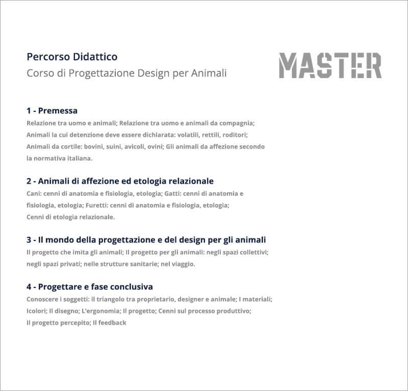 elenco argomenti trattati nel corso di progettazione design per animali