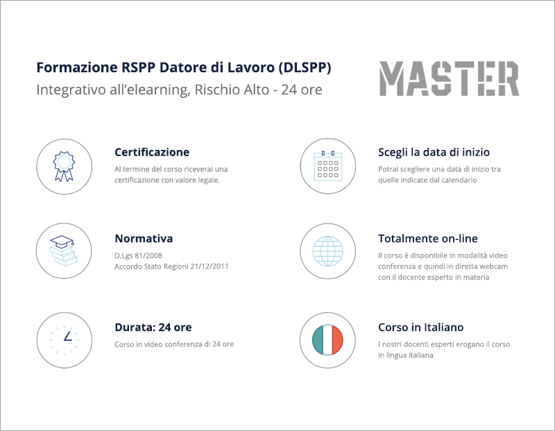 RSPP Datore di Lavoro (DLSPP) Integrativo all'elearning (Rischio Alto), Moduli 3 e 4 - 24 ore