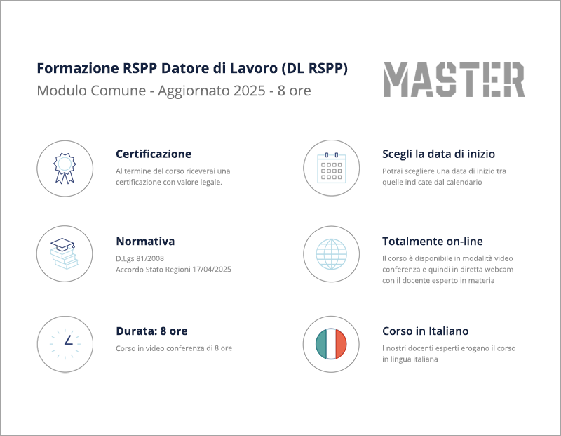 Formazione RSPP Datore di Lavoro (DL-RSPP) Modulo Comune Aggiornato 2025 - 8 ore