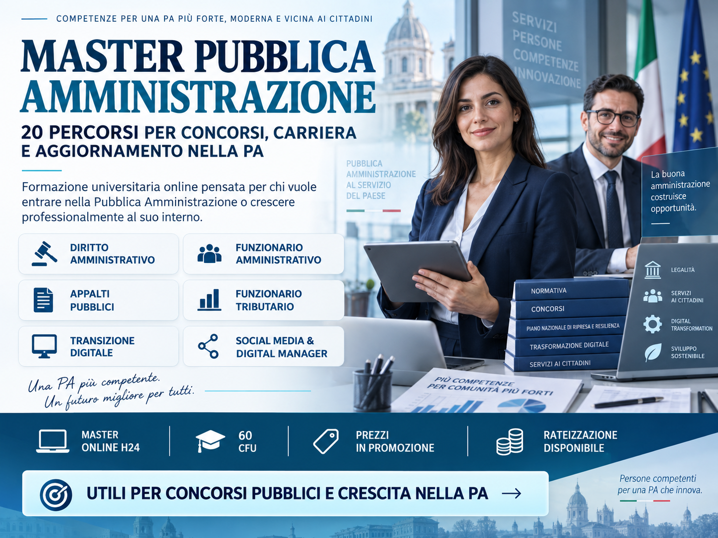 Master Pubblica Amministrazione online: 20 percorsi per concorsi pubblici, carriera nella PA, digitalizzazione, appalti e management